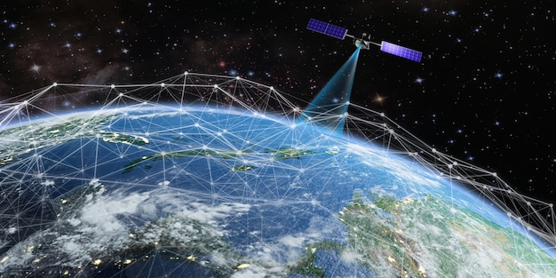 Satellite transmits a signal to earth Premium Photo