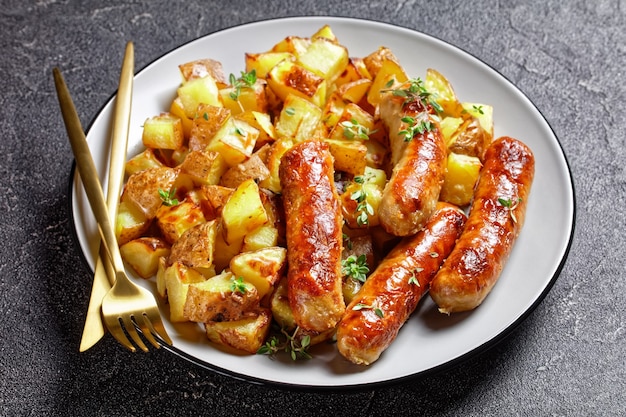 Premium Photo Sausages And Roasted Potatoes On A Plate With Golden