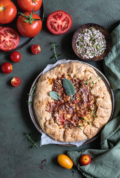 Premium Photo Savory Tomato Tart Open Pie Or Galette With Tomatoes