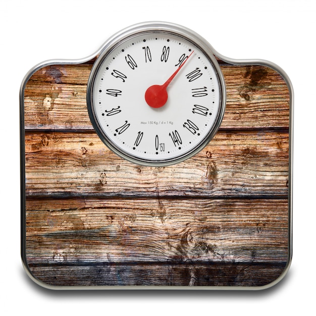 Premium Photo | Scales for people with wood on white