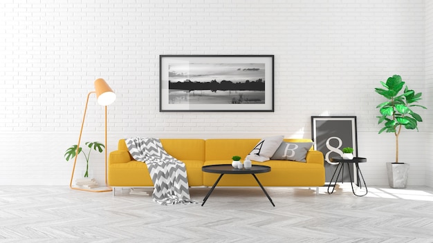 Scandinavian Style Living Room Interior Concept Yellow Sofa