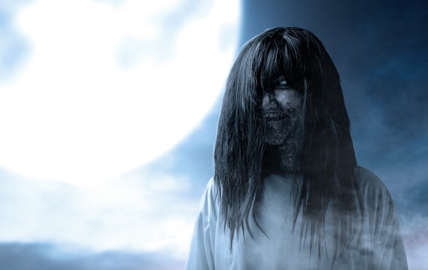 Premium Photo | Scary ghost woman with blood and dirty face standing ...