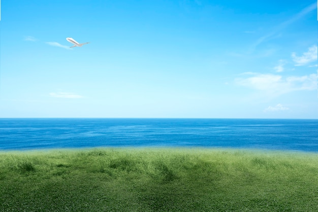 Premium Photo | The scenery of green grass on the beach with seascape