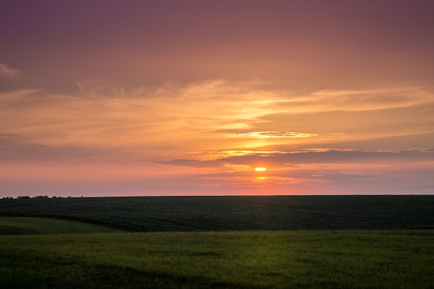 Premium Photo | Scenic sunset on the plain. dark sky during the sunset