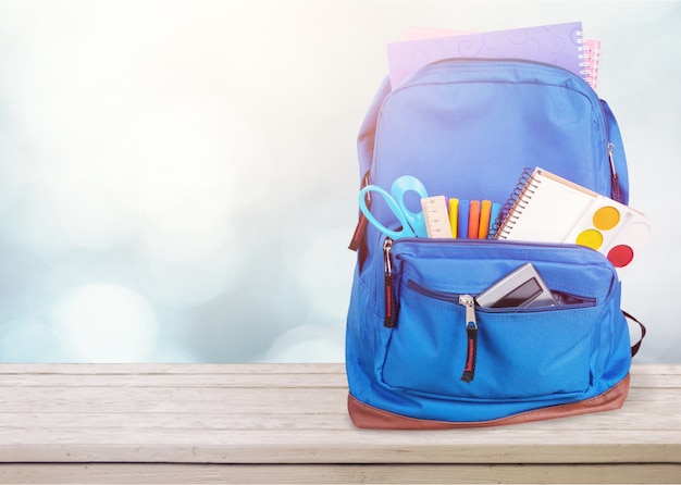 Premium Photo | School backpack back bag book blue stationery