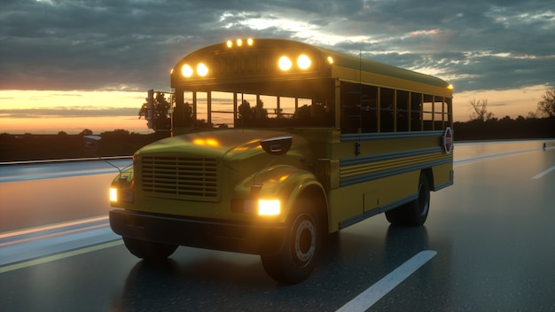 Premium Photo | School bus driving on the road concept of going back to ...