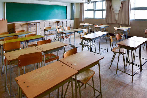 School Classroom With School Desks And Blackboard In South Korea