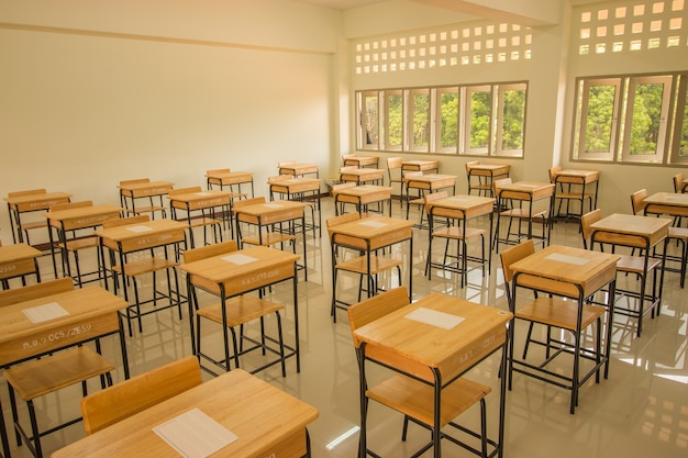 School Classroom With Test Exam Paper On Desks Chair Wood