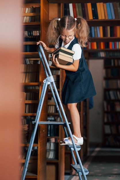 本でいっぱいの図書館のはしごの女子高生 プレミアム写真