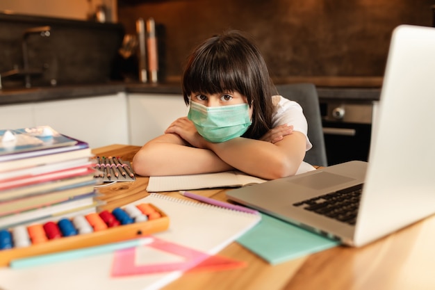 Schoolgirl Study At Home Social Distance During Quarantine Self