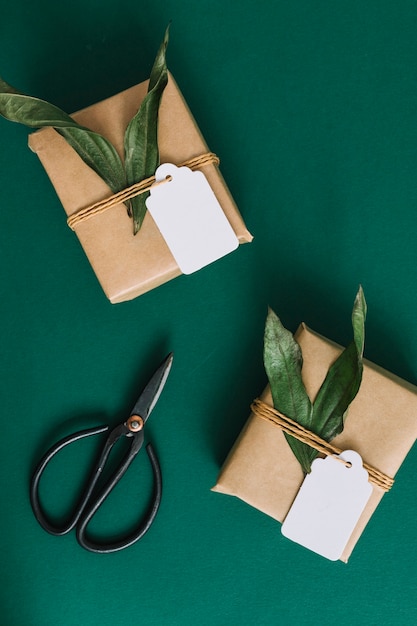 Free Photo | Scissors and two gift boxes on green background