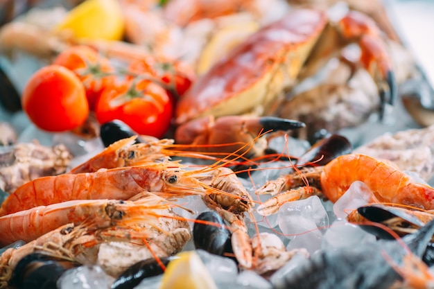 Premium Photo | Seafood on ice. crabs, sturgeon, shellfish, shrimp ...