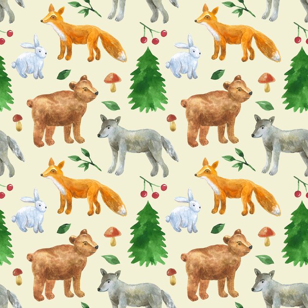 かわいい森の動物とのシームレスなパターン オオカミ クマ キツネ ウサギ 手描きの水彩イラスト 印刷 ファブリック テキスタイル 壁紙のテクスチャ プレミアム写真