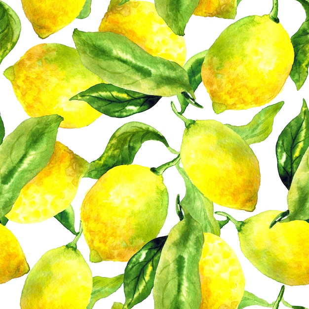 レモンと葉のシームレスなパターン 手描きの水彩イラスト 印刷 ファブリック テキスタイル 壁紙のテクスチャ プレミアム写真