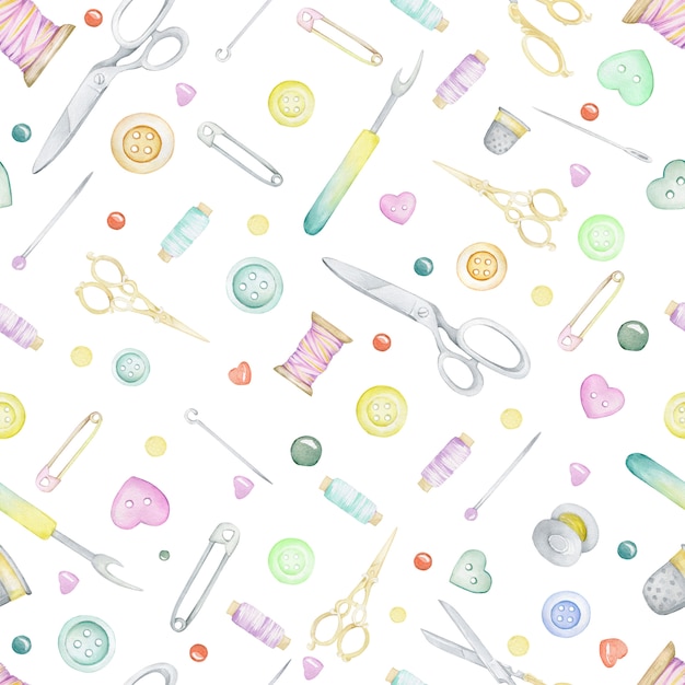 Premium Photo | Seamless sewing pattern. scissors, thread, reel, pins ...