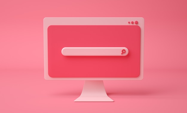  Search bar webpage on cartoon computer screen, pink background. 3render