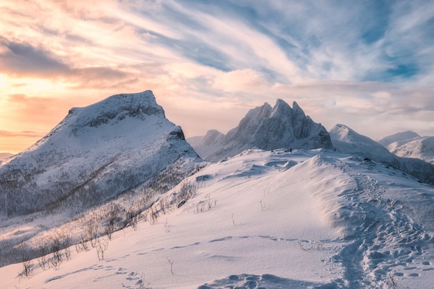 Premium Photo | Segla mountain with snowy hill in colorful sky at morning