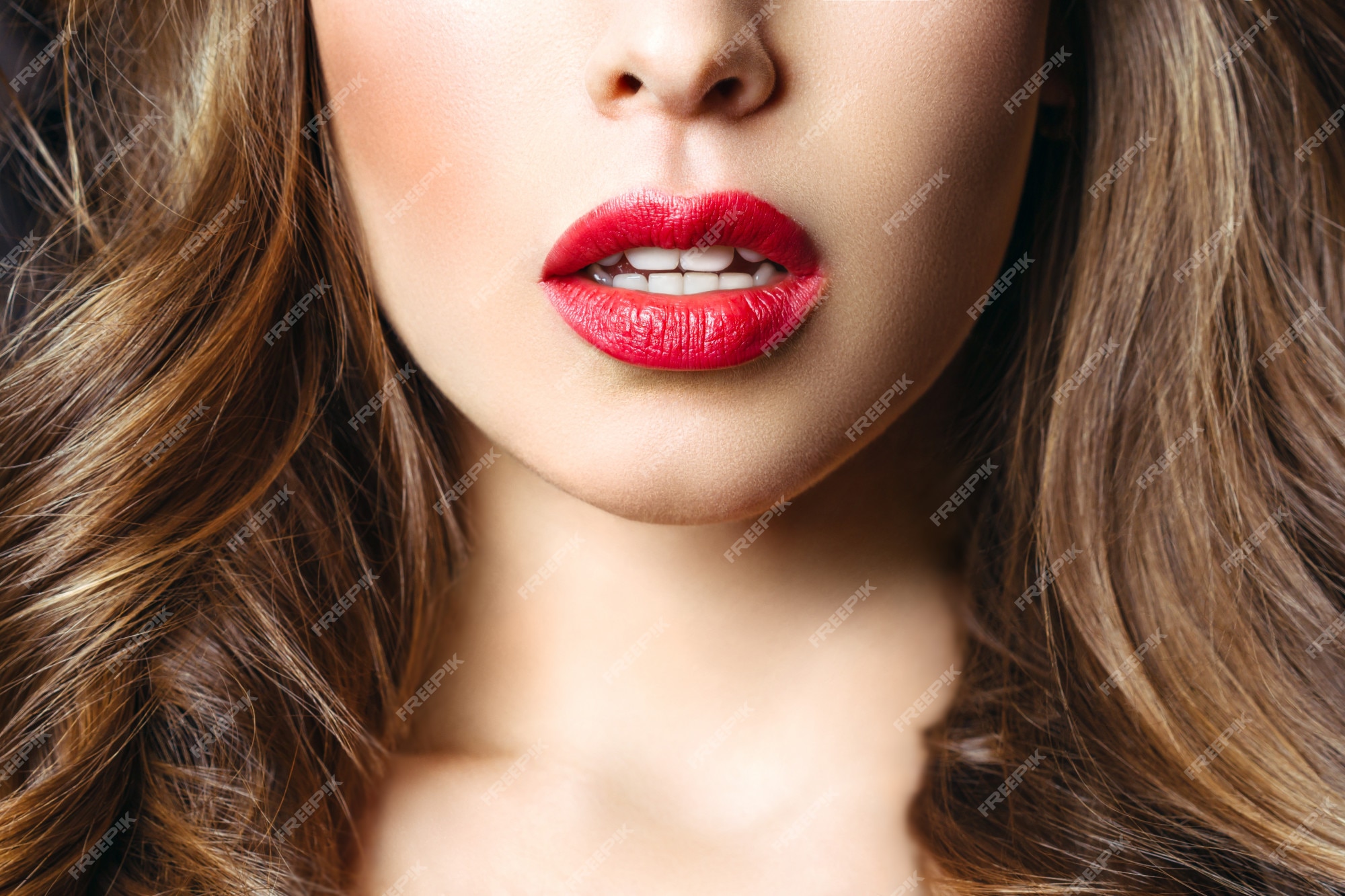 Premium Photo Sensual Red Lip Mouth Open Beautiful Woman Portrait Close Up Big Lips 