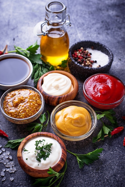 Premium Photo | Set of different sauces and spices