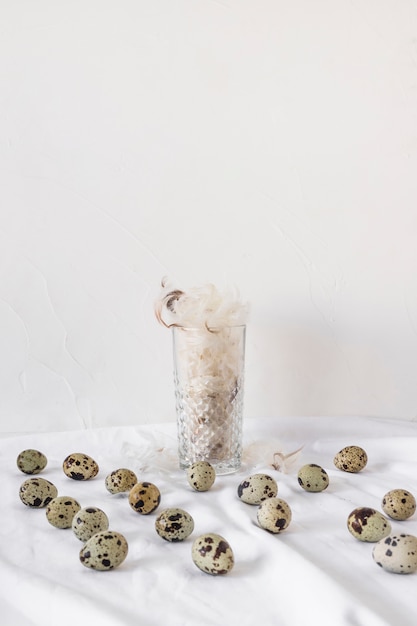 Set Of Easter Quail Eggs Near Heap Of Feathers In Vase On Textile