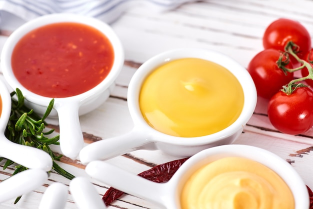 Premium Photo | Set Of Homemade Sauces - Ketchup, Mayonnaise, Mustard ...