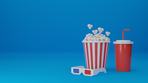 映画のセット ポップコーン 分離された飲料用の使い捨てカップ付き3 Dメガネ コンセプト映画館 3 Dレンダリングのイラスト プレミアム写真