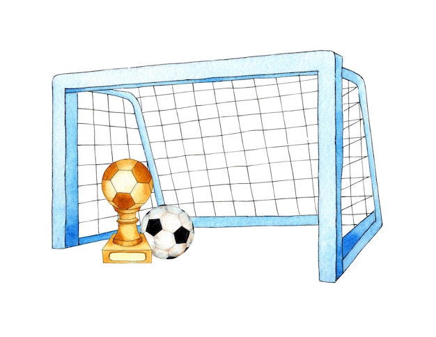 サッカーゴールボールとカップスポーツ用品バーベルの水彩イラストのセット プレミアム写真