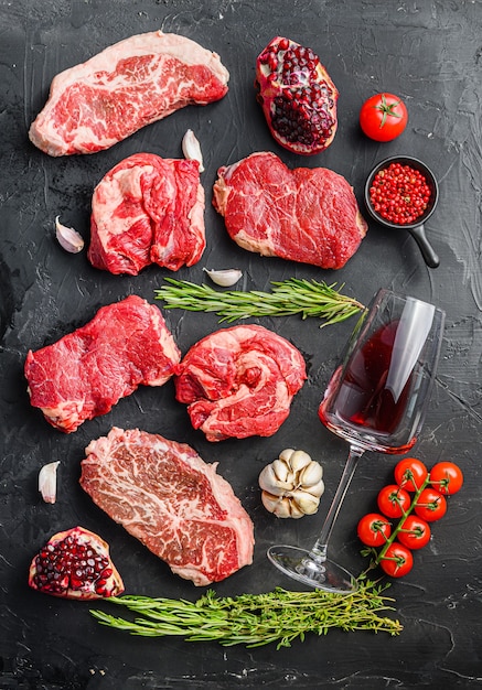 Premium Photo | Set of various classic, alternative raw meat steaks