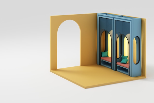 Premium Photo | Set of yellow furniture mock up and isometric wall 3d