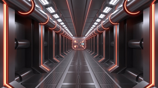 サイエンスの背景フィクションの室内の部屋のsfの宇宙船の廊下オレンジ
