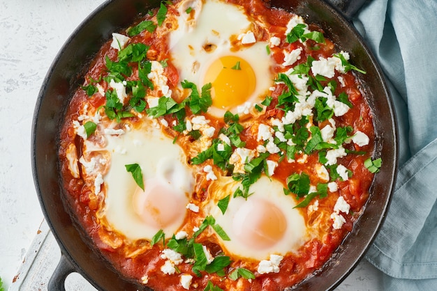 Premium Photo | Shakshouka, eggs poached in sauce of tomatoes, olive ...