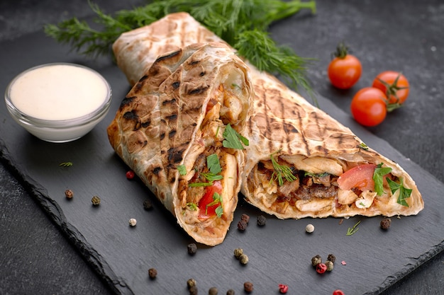 Premium Photo | Shawarma with meat, cutaway, with sauce, tomatoes ...