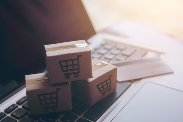 Shopping service on the online web. with payment by credit card and offers home delivery. parcel or paper cartons Premium Photo