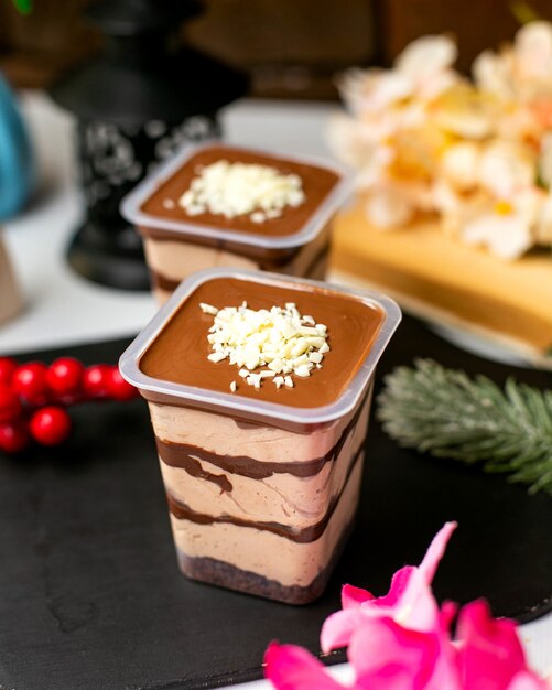 Side view of layered dessert with chocolate mousse topped ...