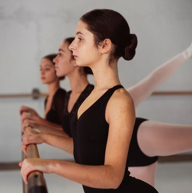 Free Photo | Side view of professional ballerinas training in leotards