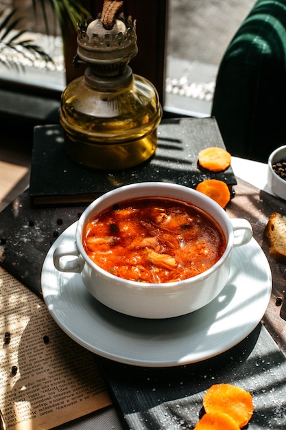 Free Photo | Side view of traditional russian cabbage soup with meat in ...
