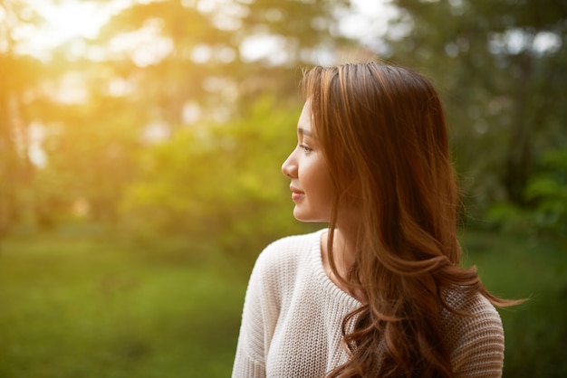 Free Photo | Side waist up shot of woman turning away from camera to ...