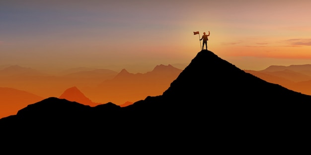 Silhouette of businessman standing on mountain top over sunset twilight background with flag, winner