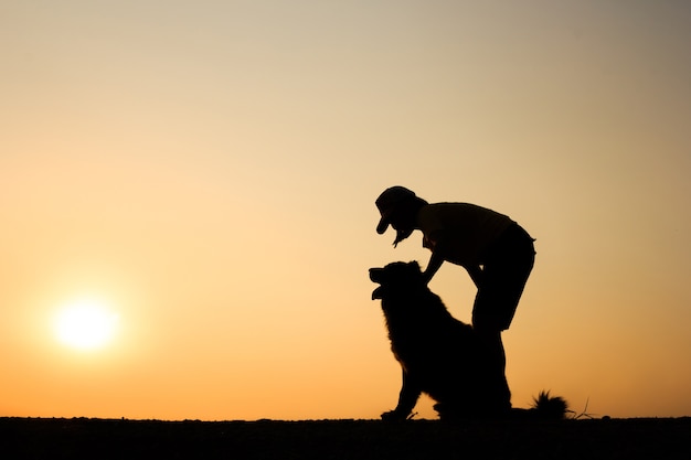 Premium Photo | Silhouette of girl and her dog with beautiful sunset ...