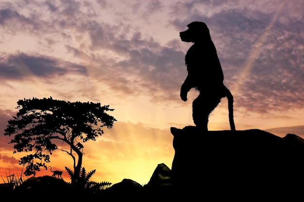 Premium Photo | Silhouette monkey baboon on the hill at sunset savanna