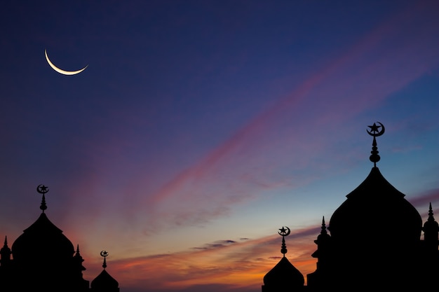 Premium Photo | Silhouette mosques on dark blue sky and crescent moon ...