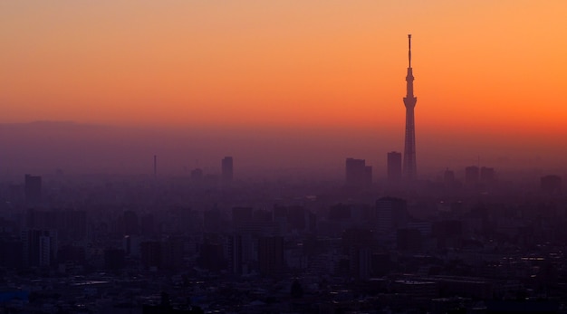 夕焼けの東京スカイツリーの建物と風景都市のシルエット プレミアム写真
