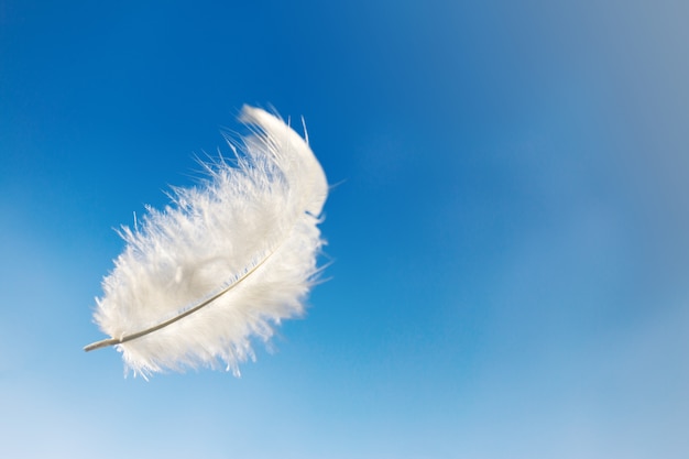 Premium Photo | Single white feather floating in a blue sky.