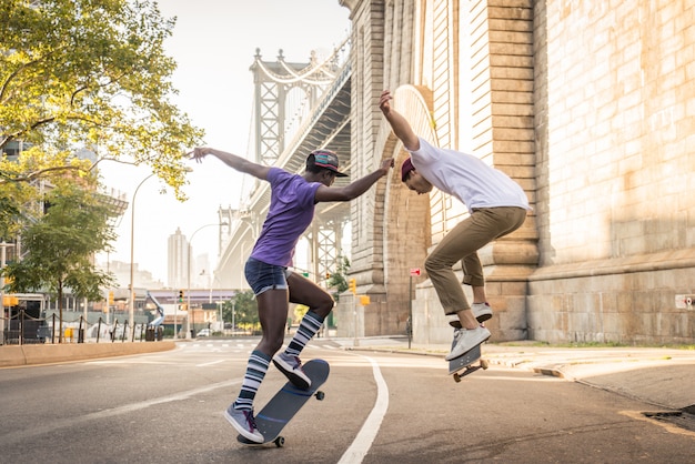 Premium Photo | Skaters training in a skate park in new york