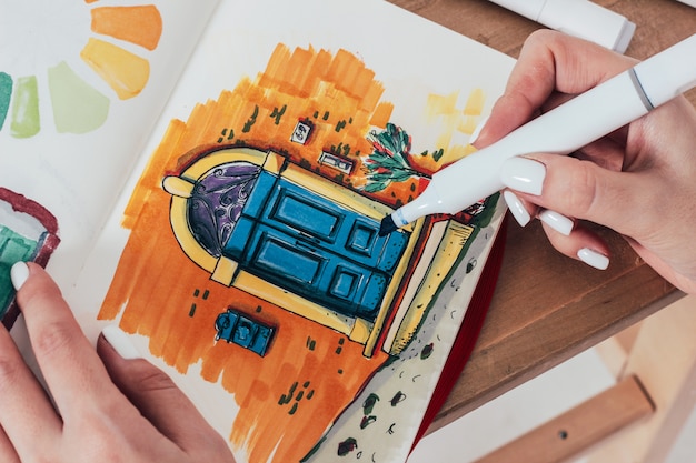 Sketch Drawing Of Bright Door By Markers In Sketchbook Photo
