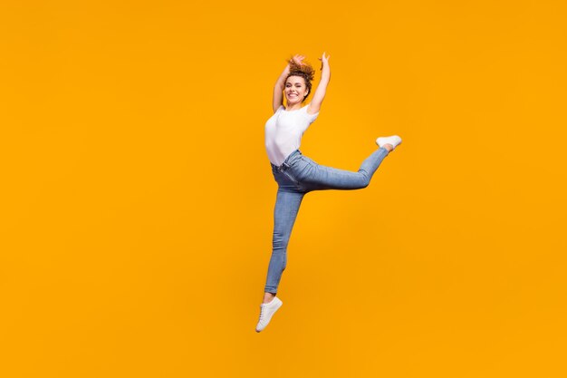 Premium Photo Slim Graceful Cheerful Girl Jumping Dancing