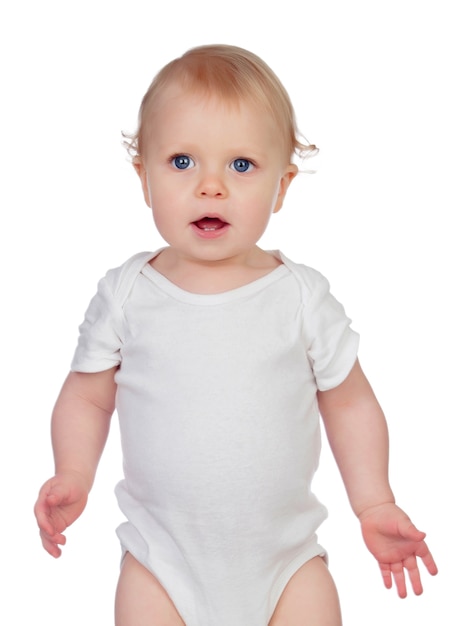 Small Baby With A Blue Eyes And Blond Hair Standing Photo