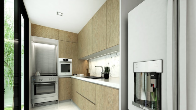 小さなキッチンのインテリアデザインと木の表面 プレミアム写真