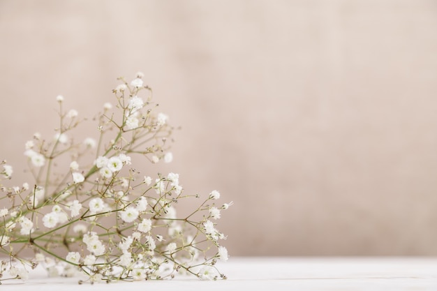 木のテーブルに小さな白い花の石膏 最小限のライフスタイルのコンセプトです コピースペース プレミアム写真