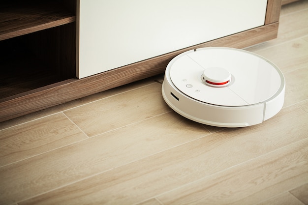 Smart House Vacuum Cleaner Robot Runs, Hardwood Floor Robot